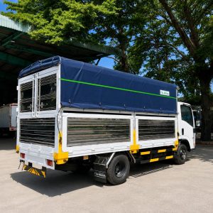 Phía sau xe tải Isuzu QKR 210 thùng mui bạt với hai cửa inox